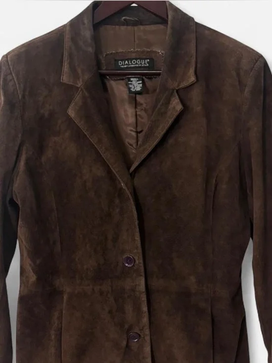 Dialogue Women's Dark Chocolate Brown Suede Leather Blazer - Picture 2 of 6
